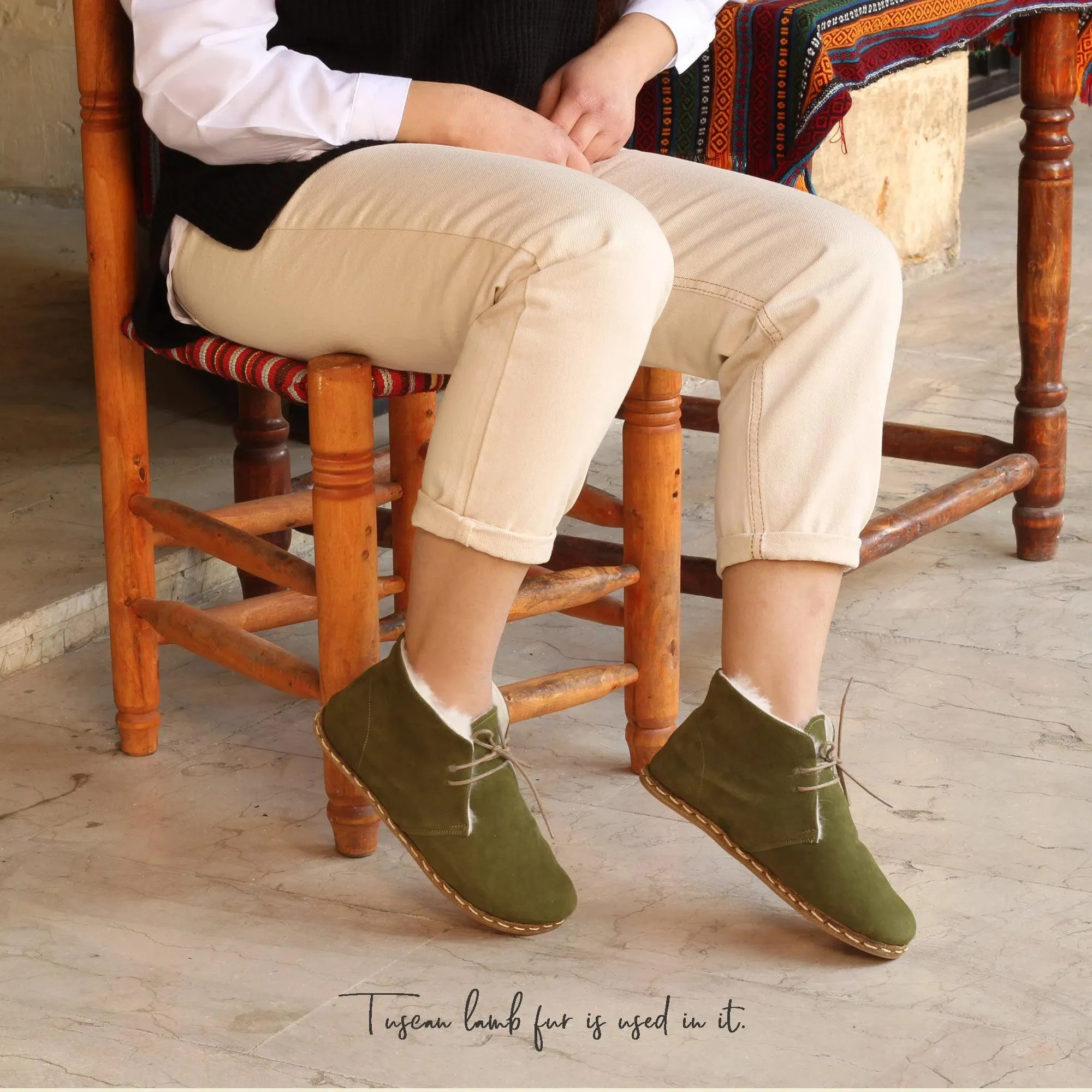 Handmade Green Barefoot Shearling Oxford Boots For Women