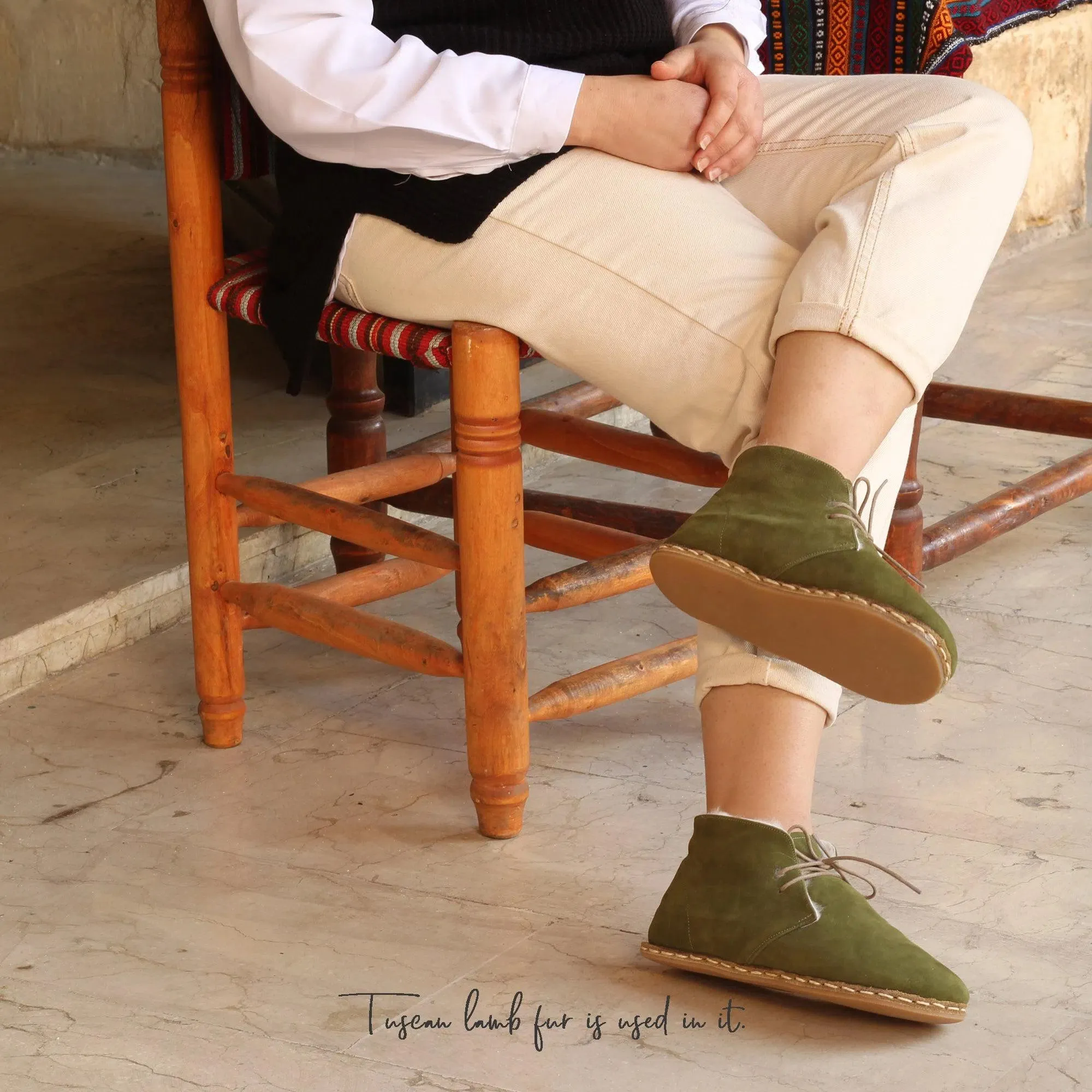 Handmade Green Barefoot Shearling Oxford Boots For Women