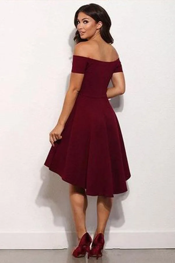 High Low Off The Shoulder Burgundy Short Prom Dress Homecoming Dress  PD132