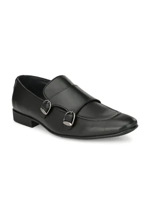 Hitz Men's Black Leather Doble Monk Semi-Formal Shoes