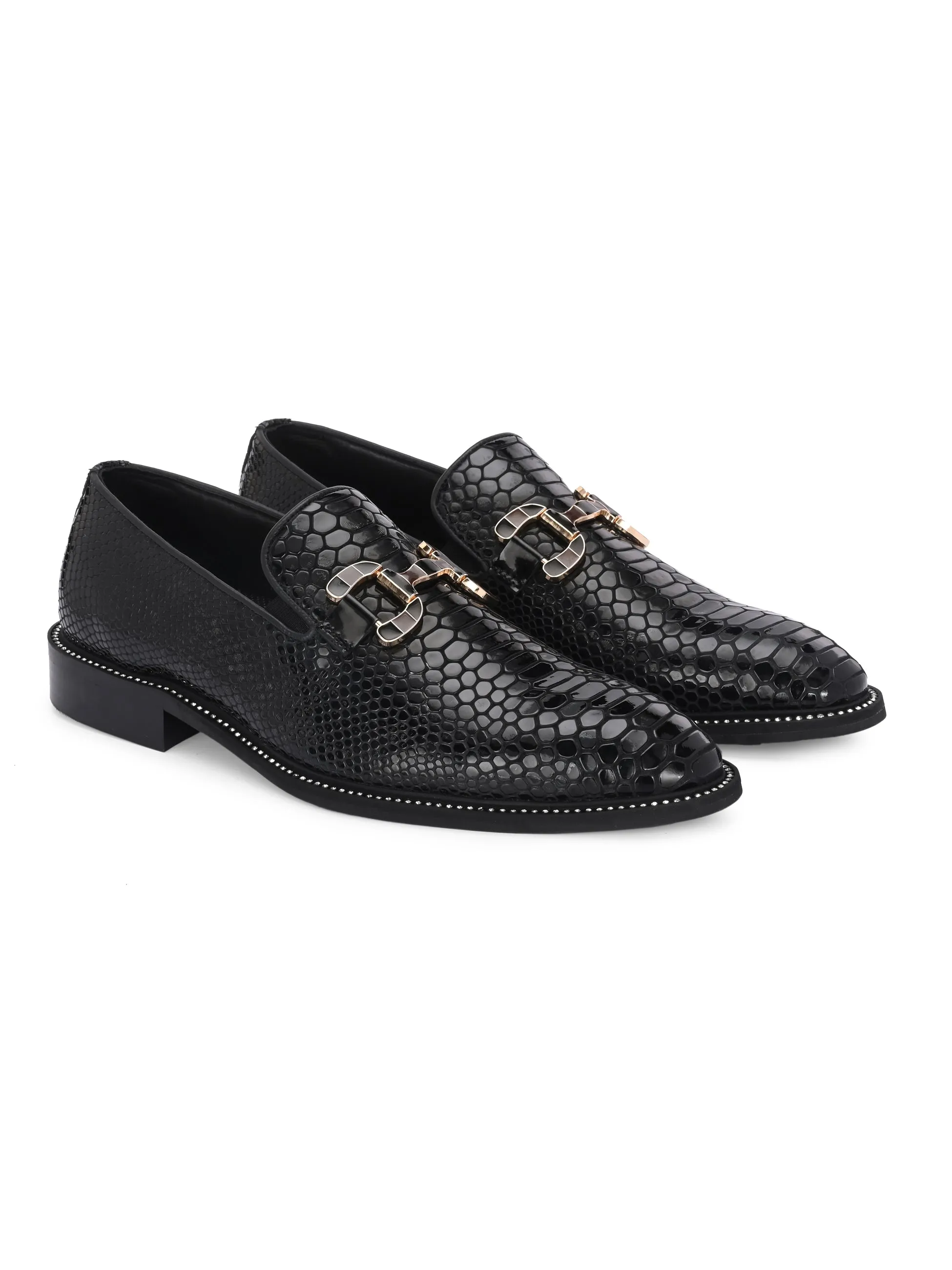 Hitz Men's Black Leather Formal Party Wear Slip On Shoes