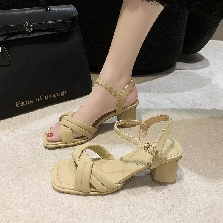 Hnzxzm Mid Heel Sandals 2024 Summer New Comfortable Women's Soft Sole Outer Wear Buckle Elegant Fashion Girls Shoes