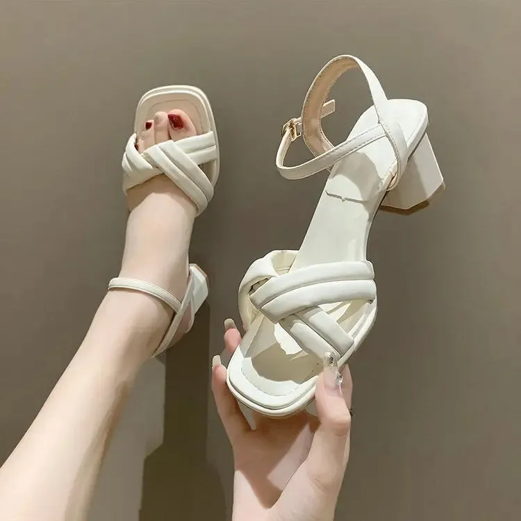 Hnzxzm Mid Heel Sandals 2024 Summer New Comfortable Women's Soft Sole Outer Wear Buckle Elegant Fashion Girls Shoes