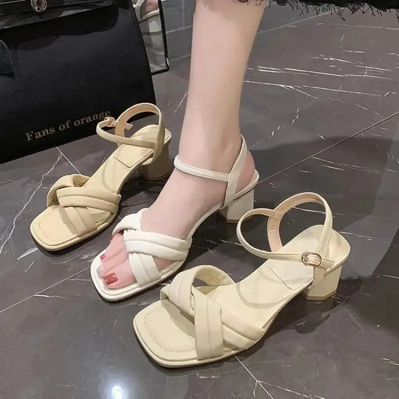 Hnzxzm Mid Heel Sandals 2024 Summer New Comfortable Women's Soft Sole Outer Wear Buckle Elegant Fashion Girls Shoes