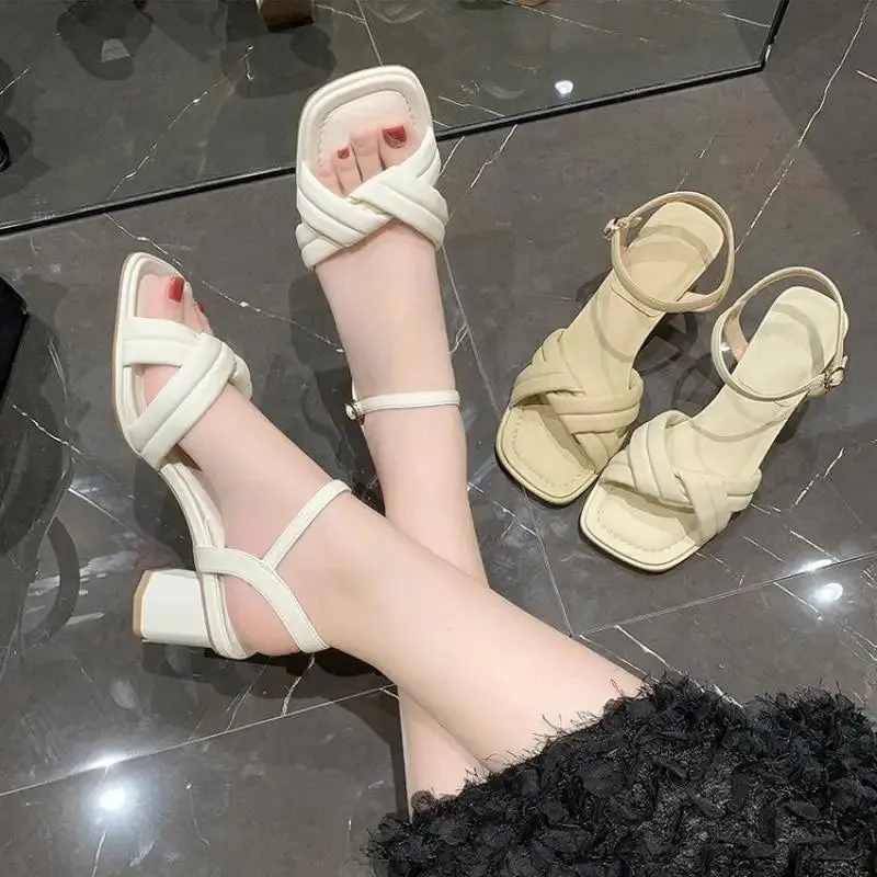 Hnzxzm Mid Heel Sandals 2024 Summer New Comfortable Women's Soft Sole Outer Wear Buckle Elegant Fashion Girls Shoes