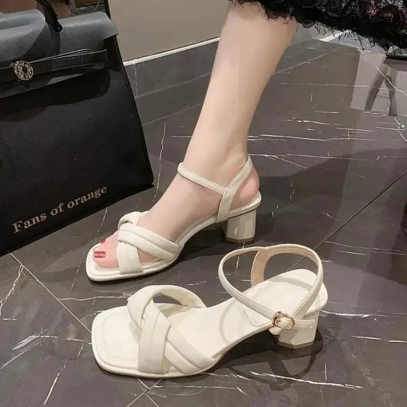 Hnzxzm Mid Heel Sandals 2024 Summer New Comfortable Women's Soft Sole Outer Wear Buckle Elegant Fashion Girls Shoes