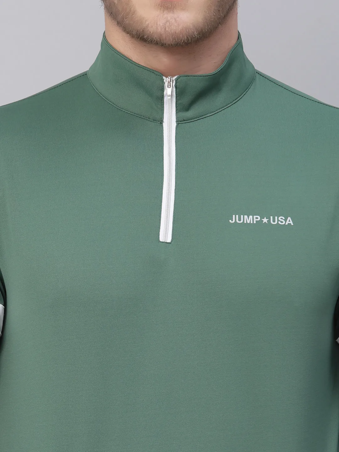 JUMP USA Men's Green Solid Yoga Seamless High Neck T-Shirt