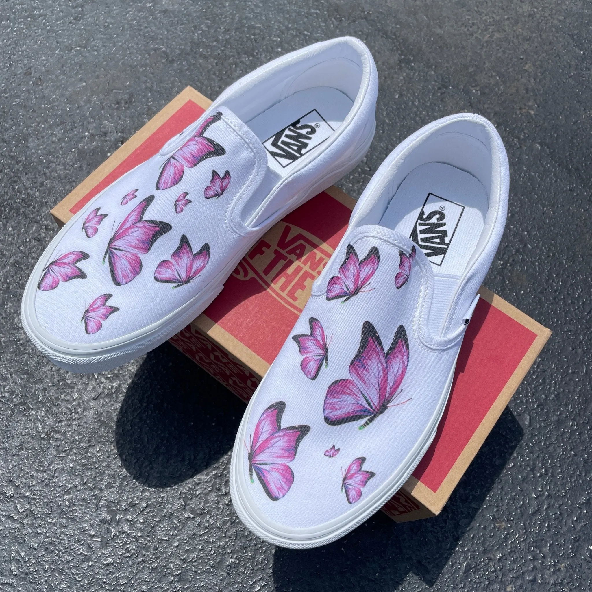 Kids Shoes - Pink Butterfly Custom White Slip Ons