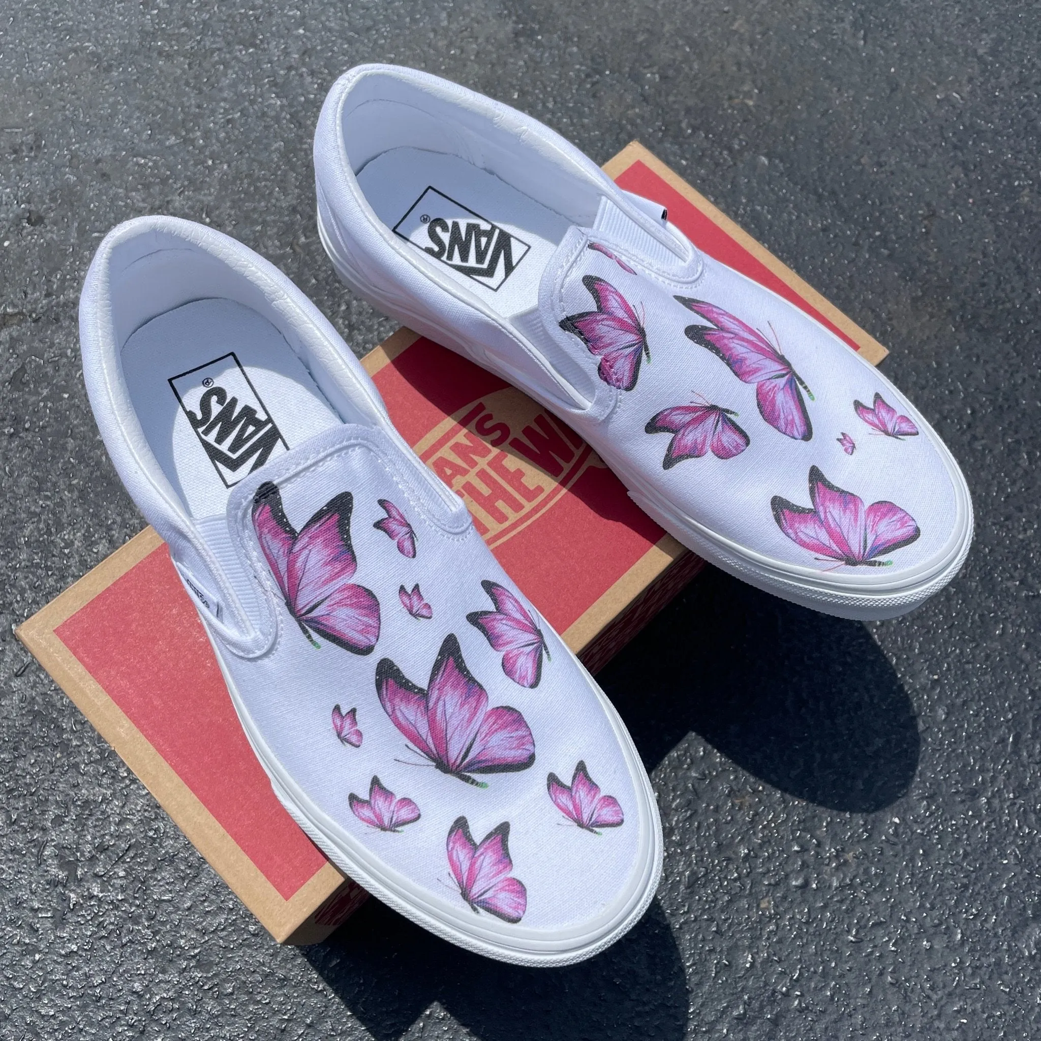 Kids Shoes - Pink Butterfly Custom White Slip Ons