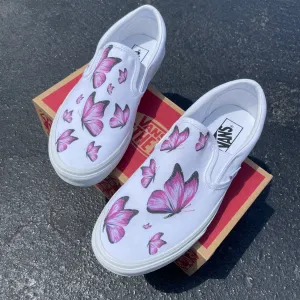 Kids Shoes - Pink Butterfly Custom White Slip Ons