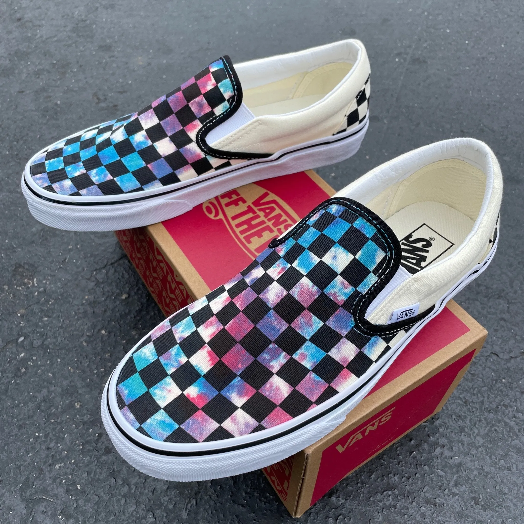 Kids Shoes - Tie Dye Checkerboard Custom Slip Ons