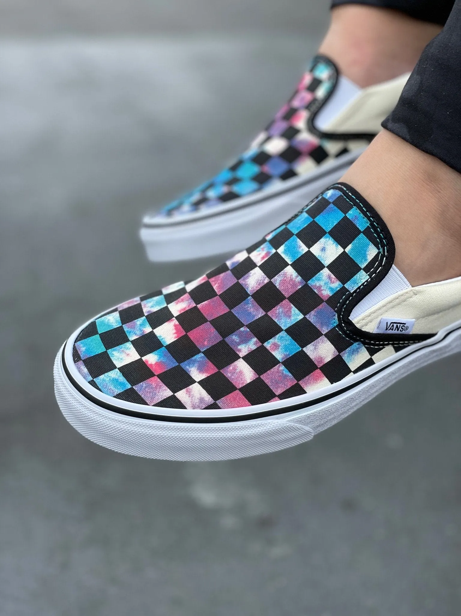 Kids Shoes - Tie Dye Checkerboard Custom Slip Ons