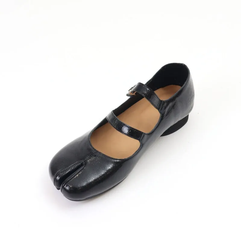 Leather Ballet Flats Split Toe Double Strap Mary Jane Low Block Heel in Silver/Black