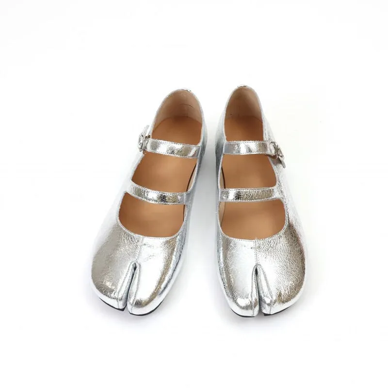 Leather Ballet Flats Split Toe Double Strap Mary Jane Low Block Heel in Silver/Black