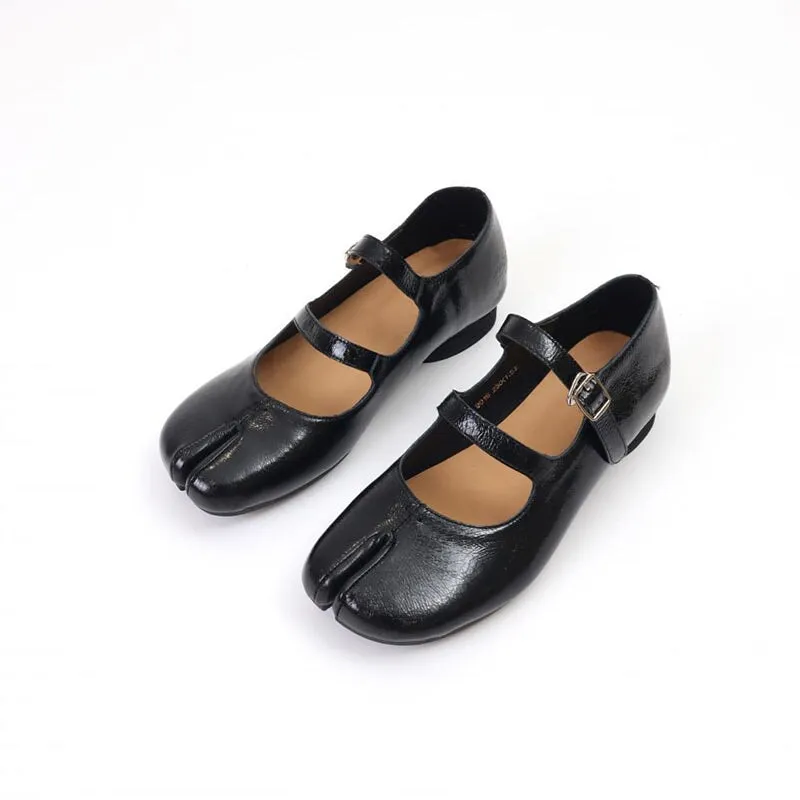 Leather Ballet Flats Split Toe Double Strap Mary Jane Low Block Heel in Silver/Black