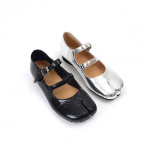 Leather Ballet Flats Split Toe Double Strap Mary Jane Low Block Heel in Silver/Black