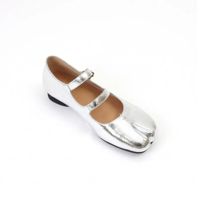 Leather Ballet Flats Split Toe Double Strap Mary Jane Low Block Heel in Silver/Black