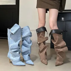 LovelyLovely Women's Denim Buckle Stitch Stiletto Boots