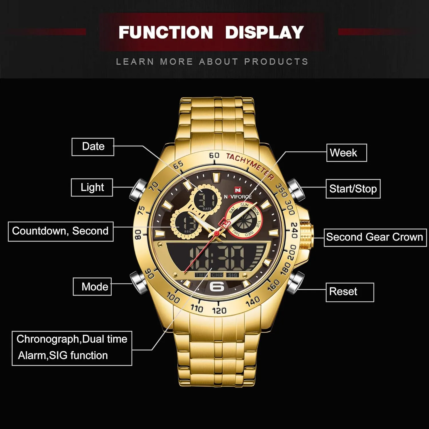 Mens Analog Digital Sport Watches Waterproof Multifunction Chronograph