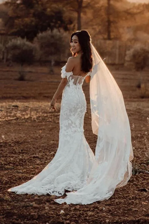 Mermaid Off-the-shoulder Tull Applique Amazing Rustic Wedding Dress WD518