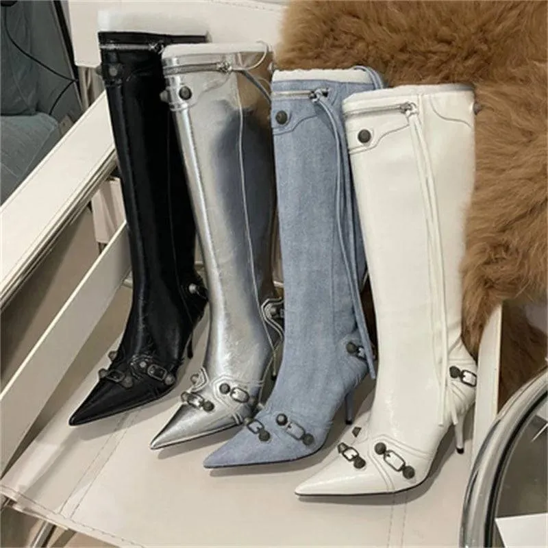 Metal Rivet High Knee Boots Pointed Toe Thin Heels