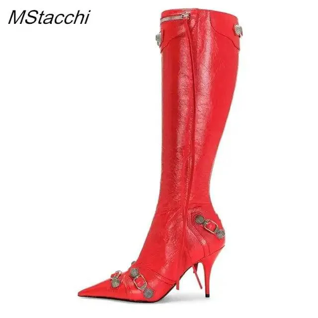 Metal Rivet High Knee Boots Pointed Toe Thin Heels