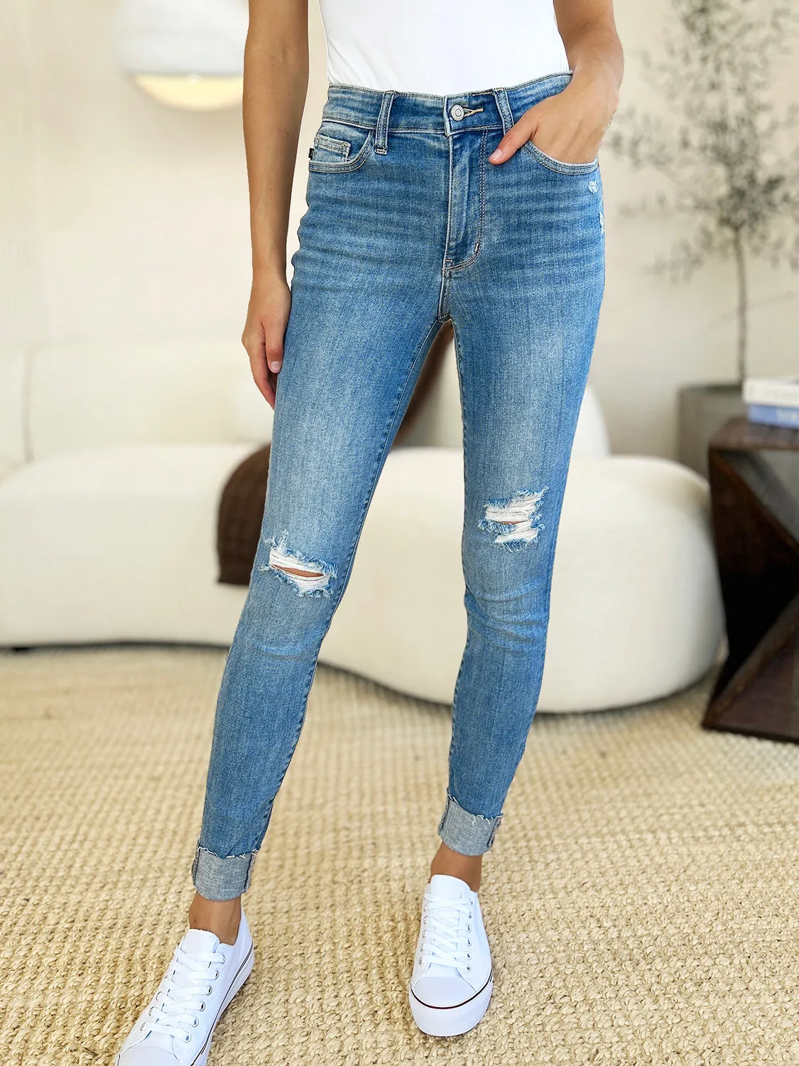 Mid Rise Destroy & Cuff Skinny Jeans