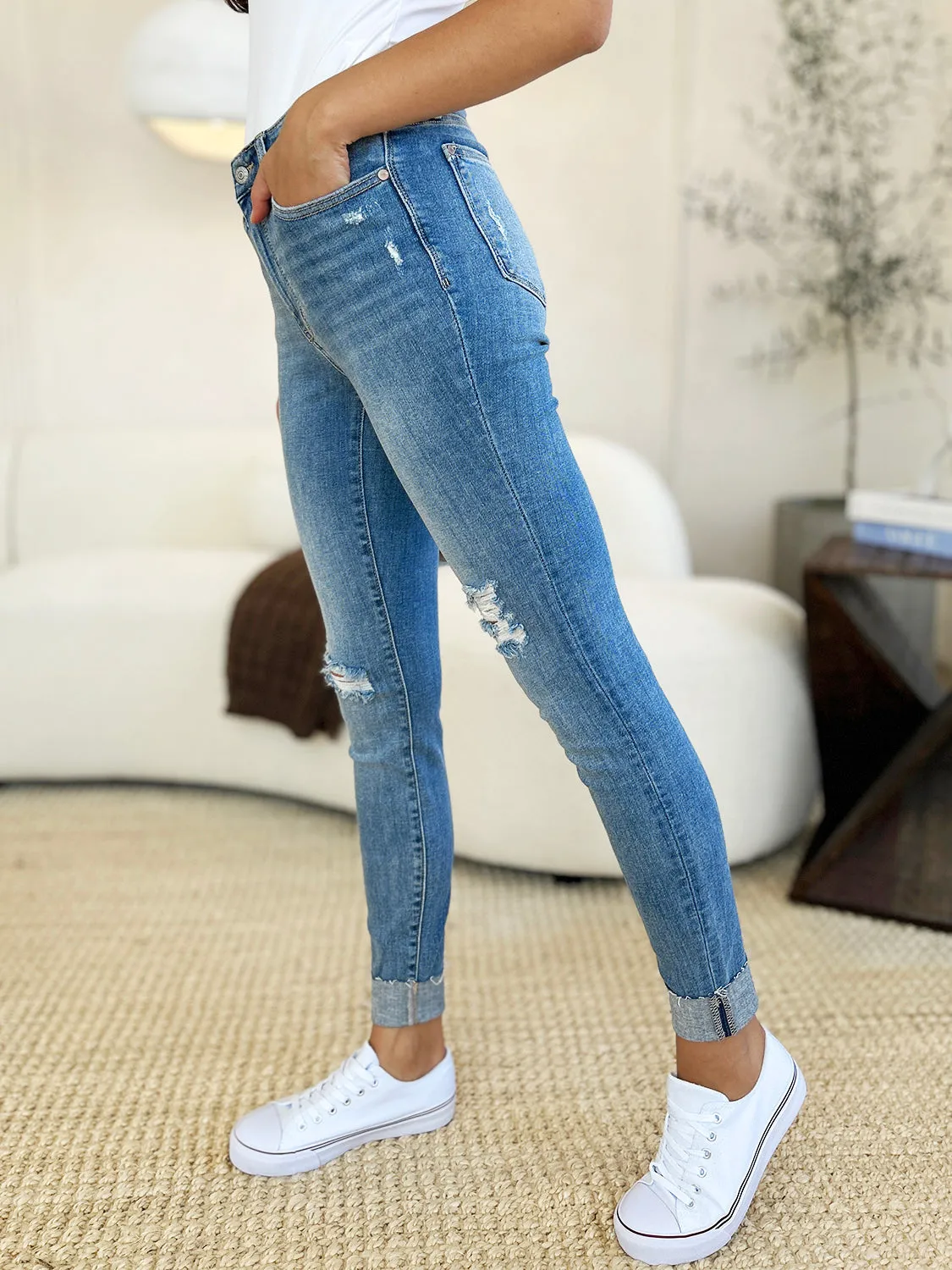 Mid Rise Destroy & Cuff Skinny Jeans