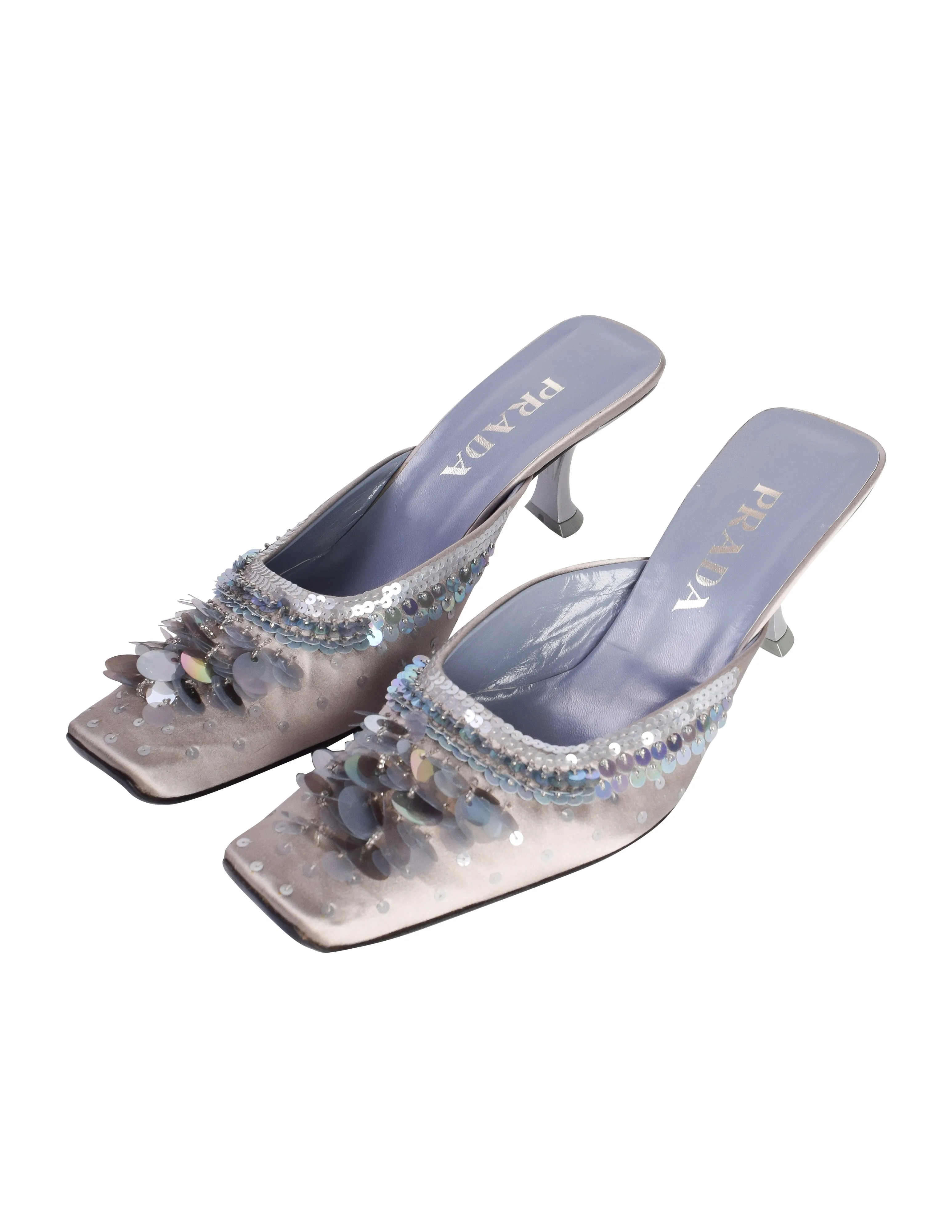 Prada Vintage AW 1999 Grey Blue Satin Paillette Embellished Mule Heels