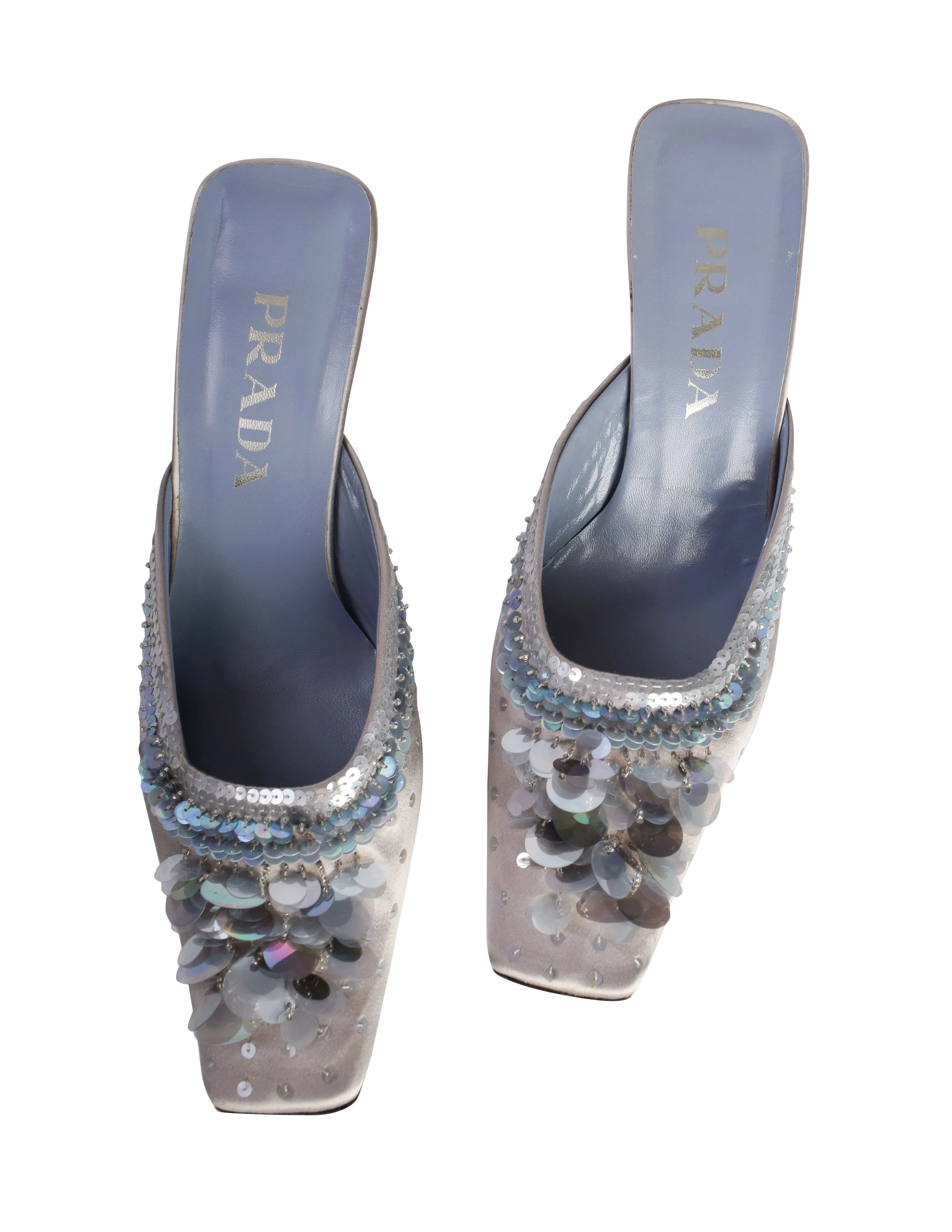 Prada Vintage AW 1999 Grey Blue Satin Paillette Embellished Mule Heels