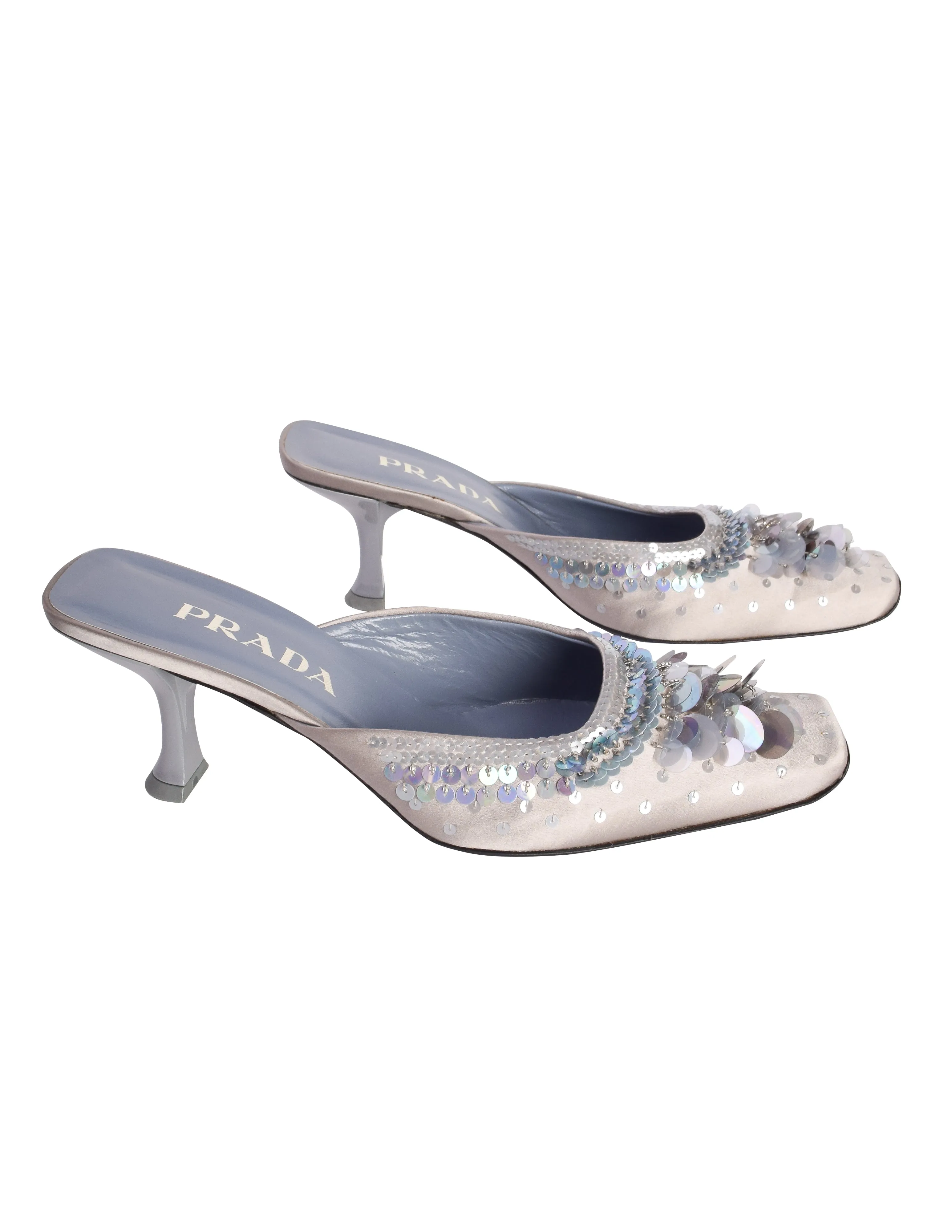 Prada Vintage AW 1999 Grey Blue Satin Paillette Embellished Mule Heels