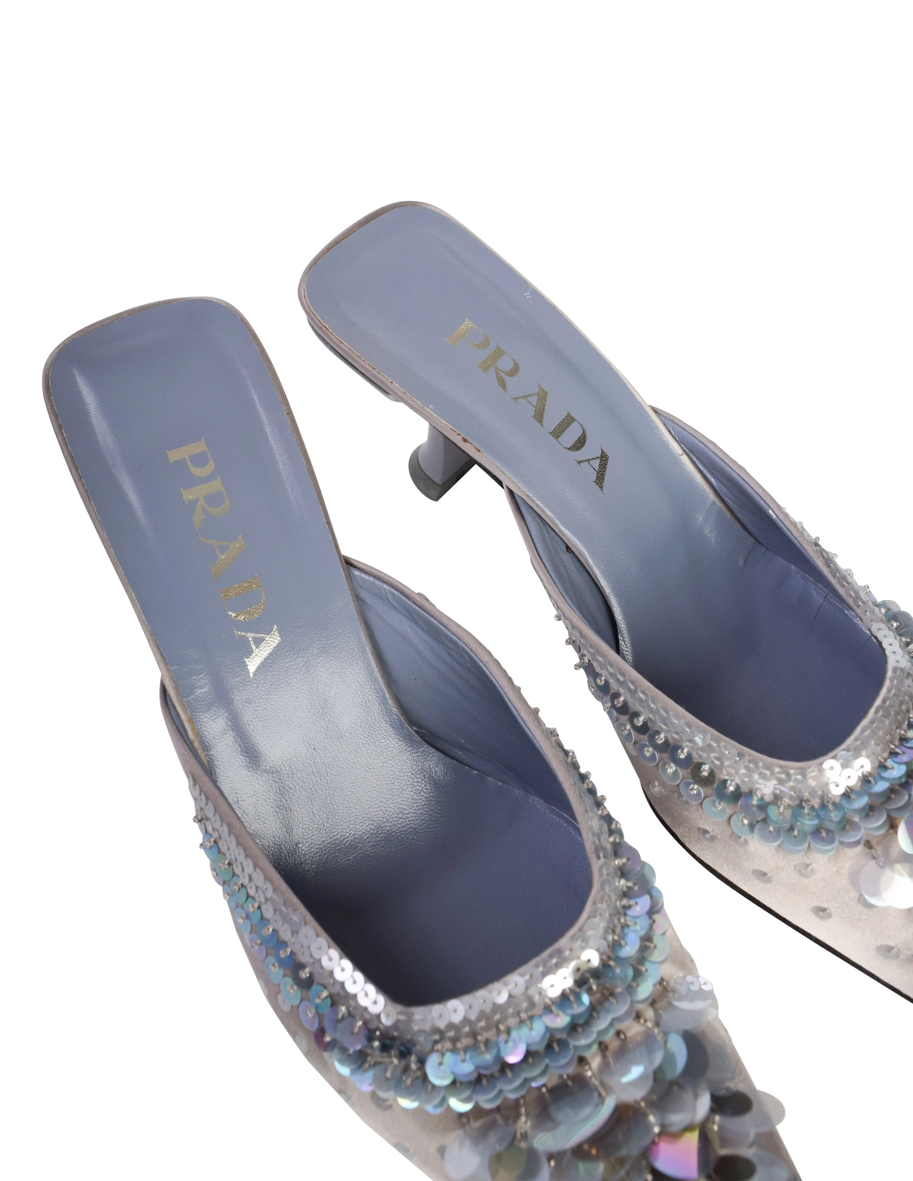 Prada Vintage AW 1999 Grey Blue Satin Paillette Embellished Mule Heels