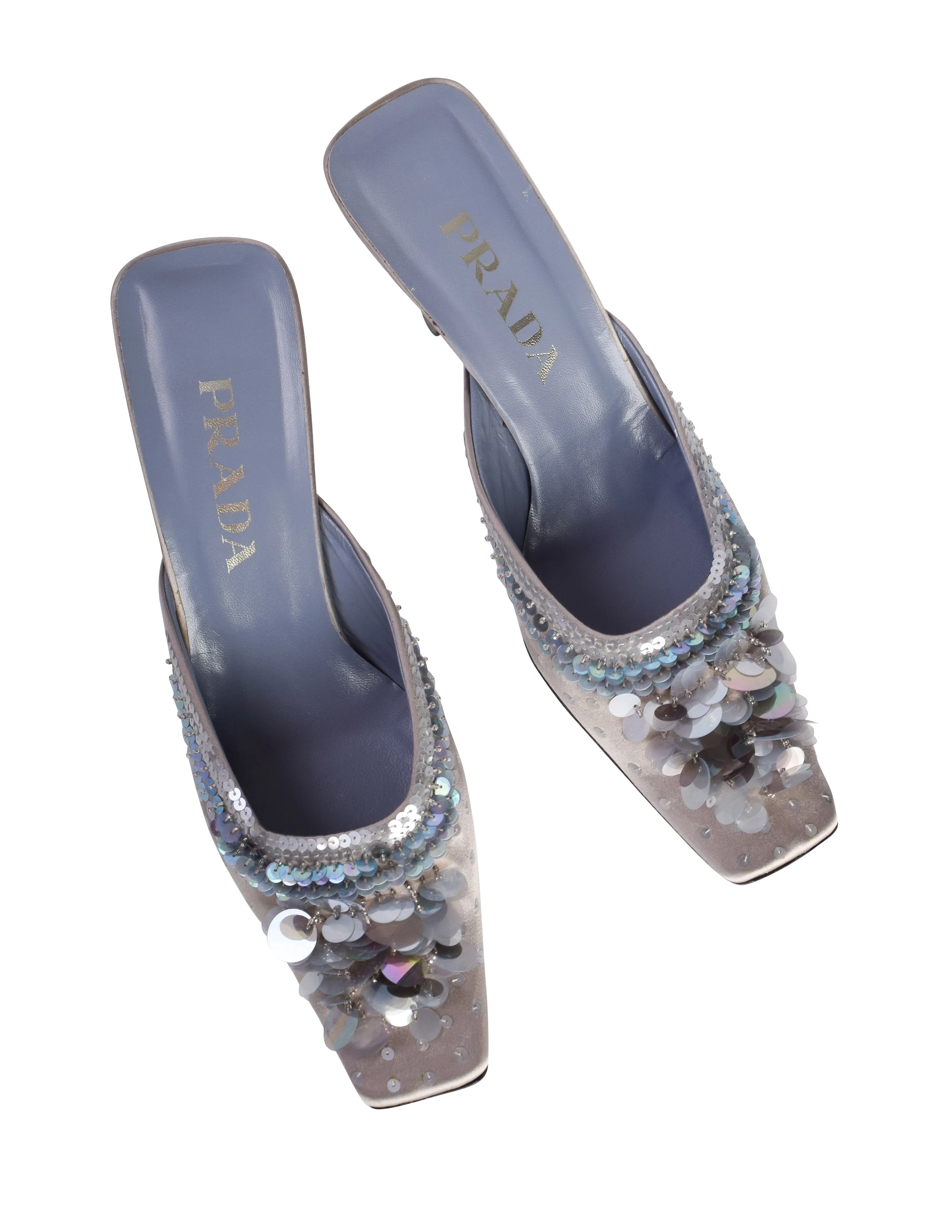 Prada Vintage AW 1999 Grey Blue Satin Paillette Embellished Mule Heels