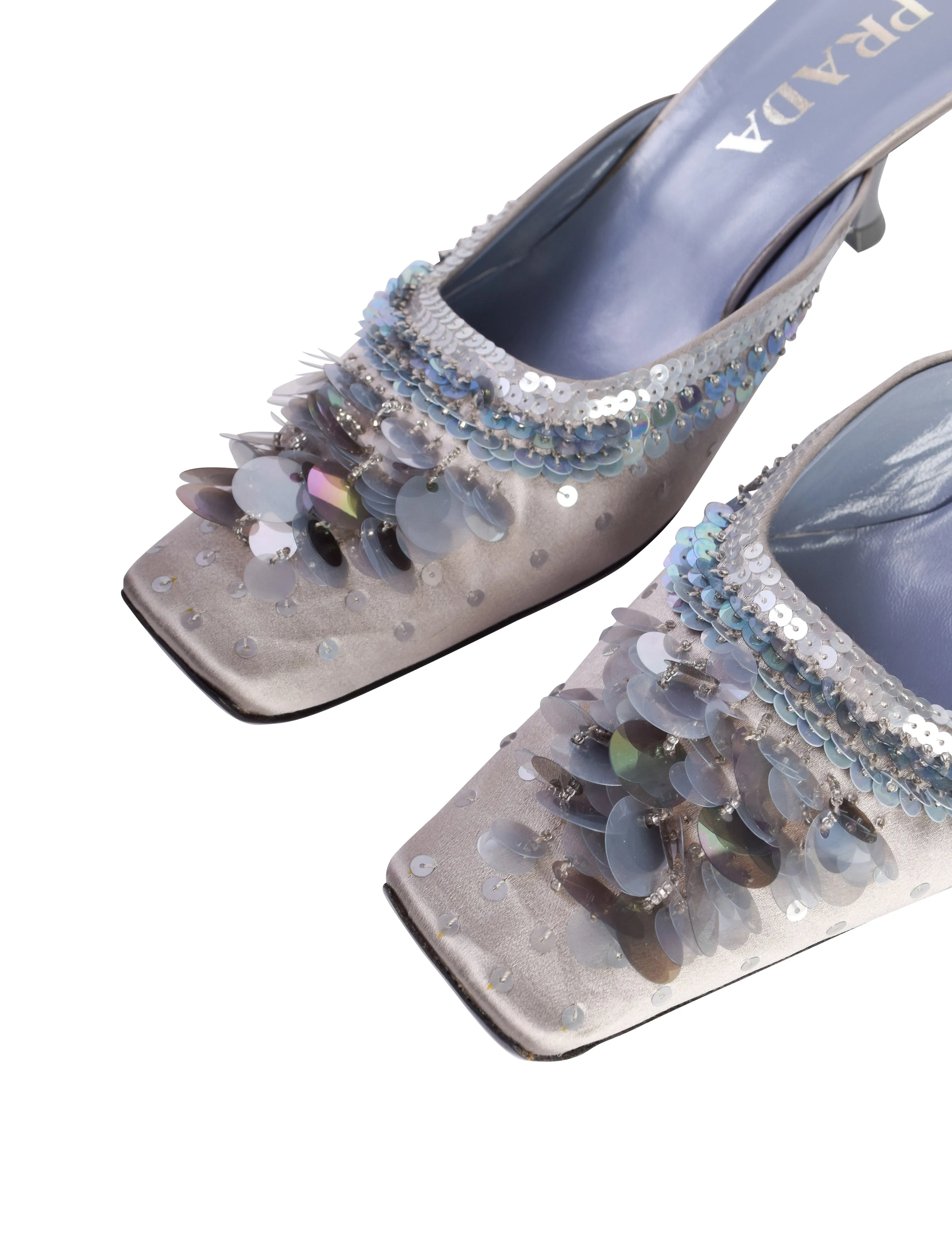 Prada Vintage AW 1999 Grey Blue Satin Paillette Embellished Mule Heels