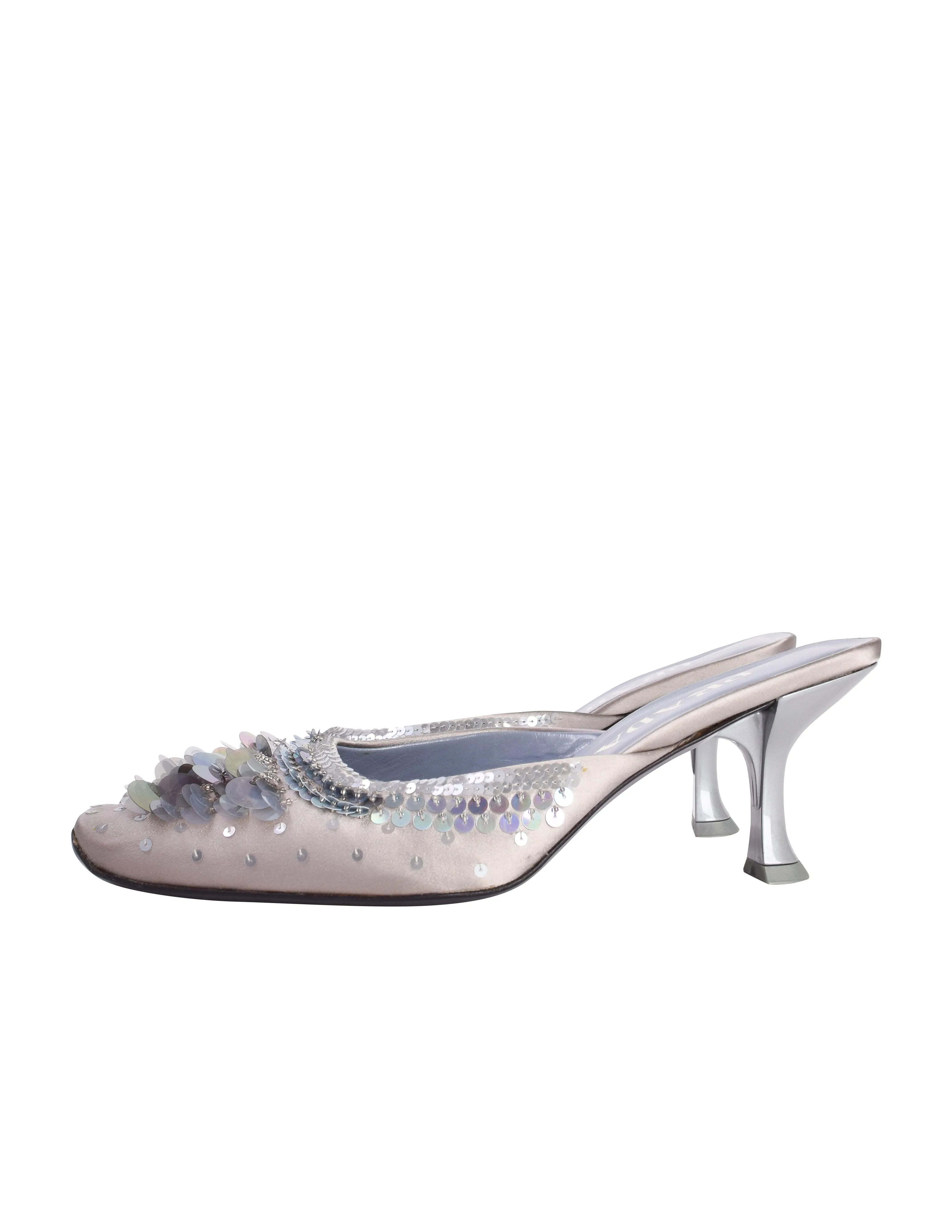 Prada Vintage AW 1999 Grey Blue Satin Paillette Embellished Mule Heels