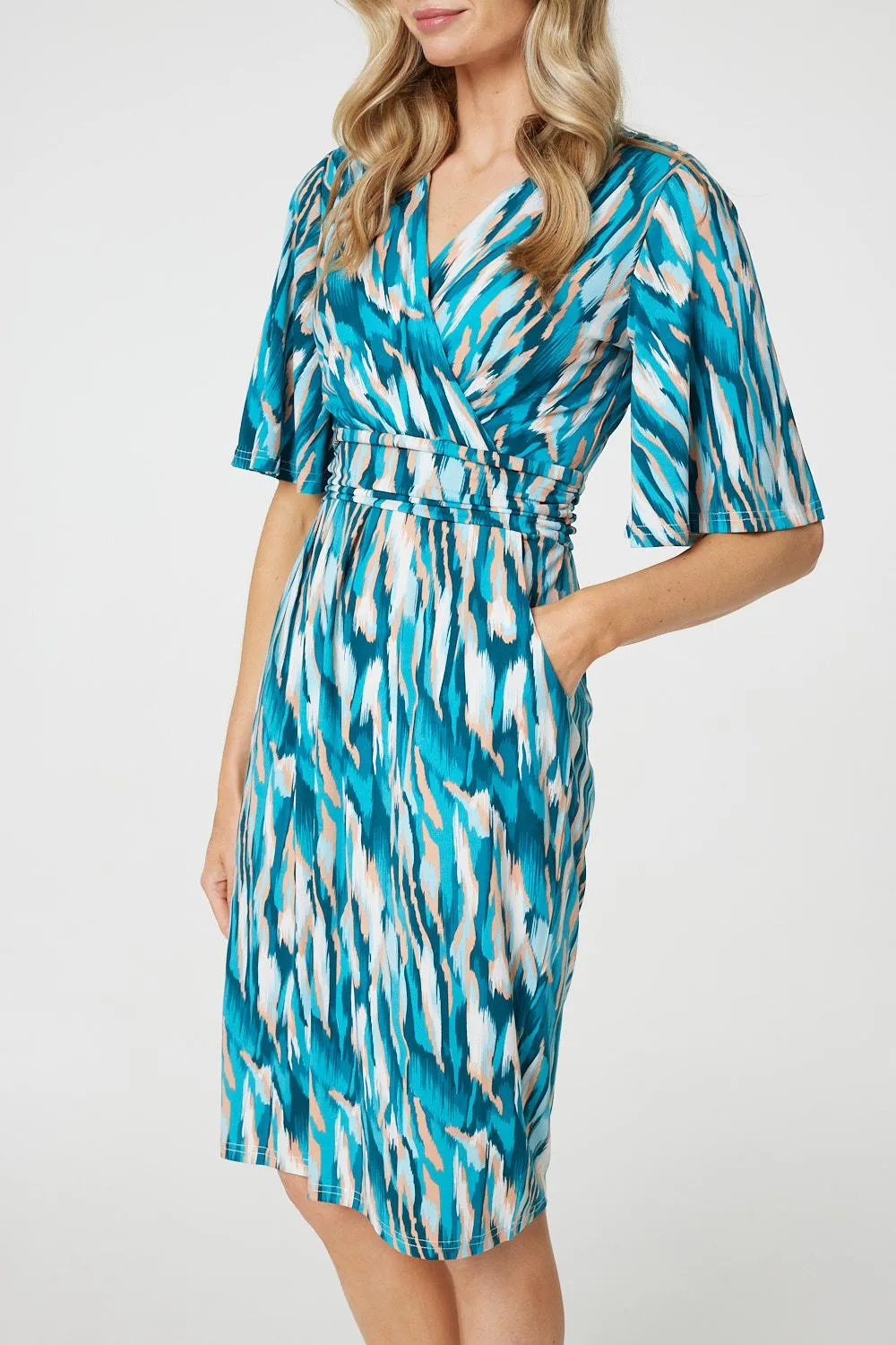 Printed 1/2 Angel Sleeve Faux Wrap Dress