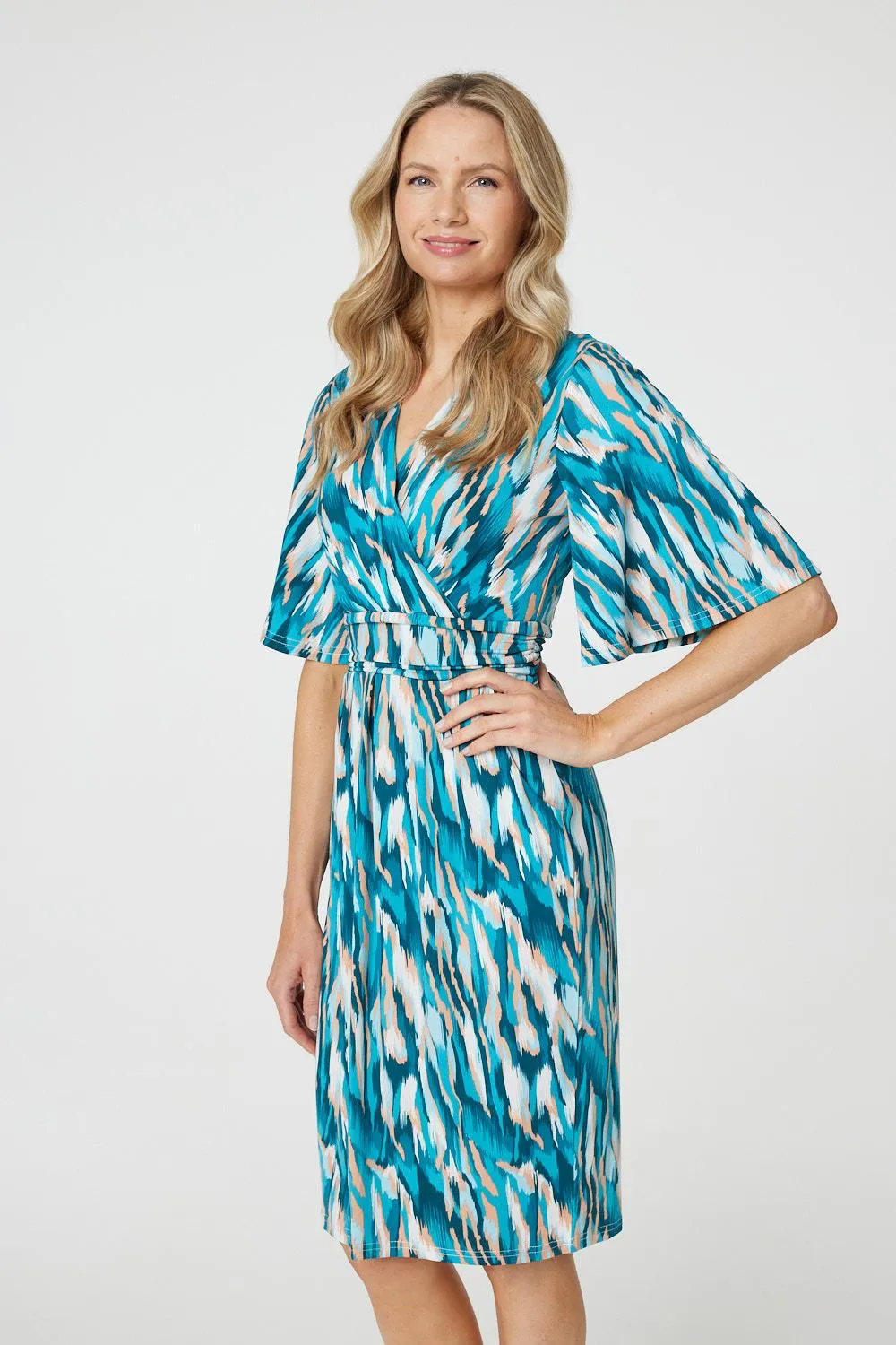 Printed 1/2 Angel Sleeve Faux Wrap Dress