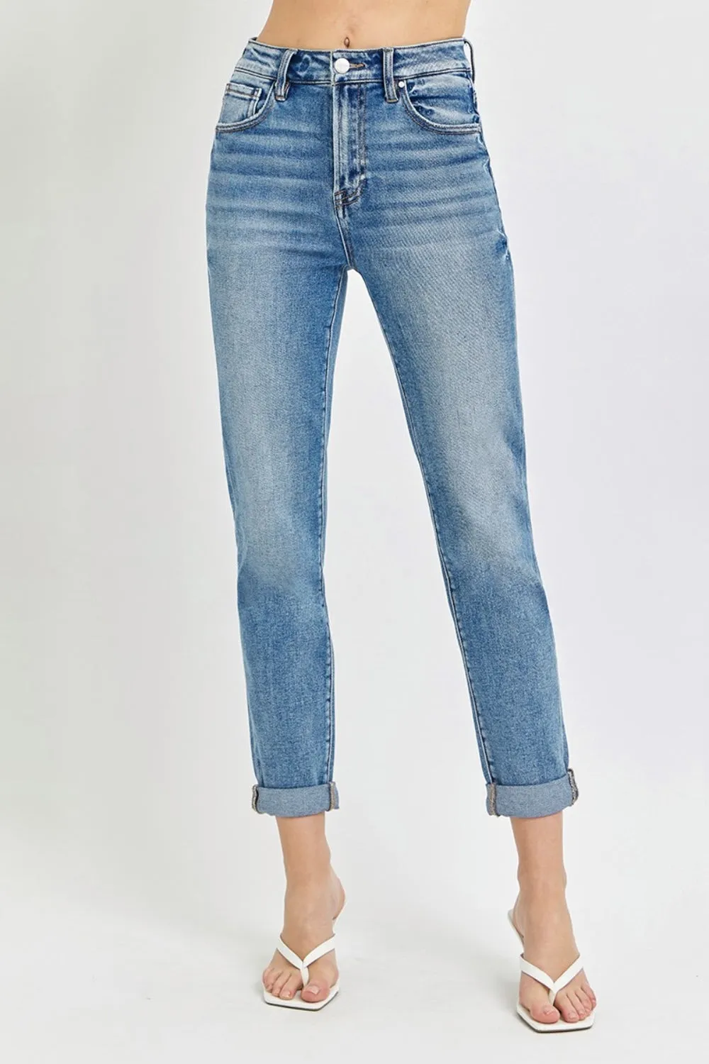 Risen High Rise Cropped Roll Up Jeans