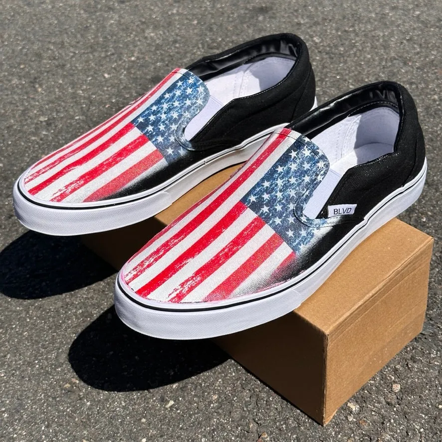 Rustic Vintage American Flag USA Red White Blue - BLVD Custom Original Slip On Shoes