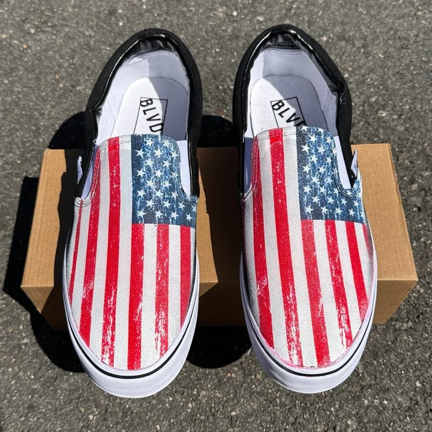 Rustic Vintage American Flag USA Red White Blue - BLVD Custom Original Slip On Shoes