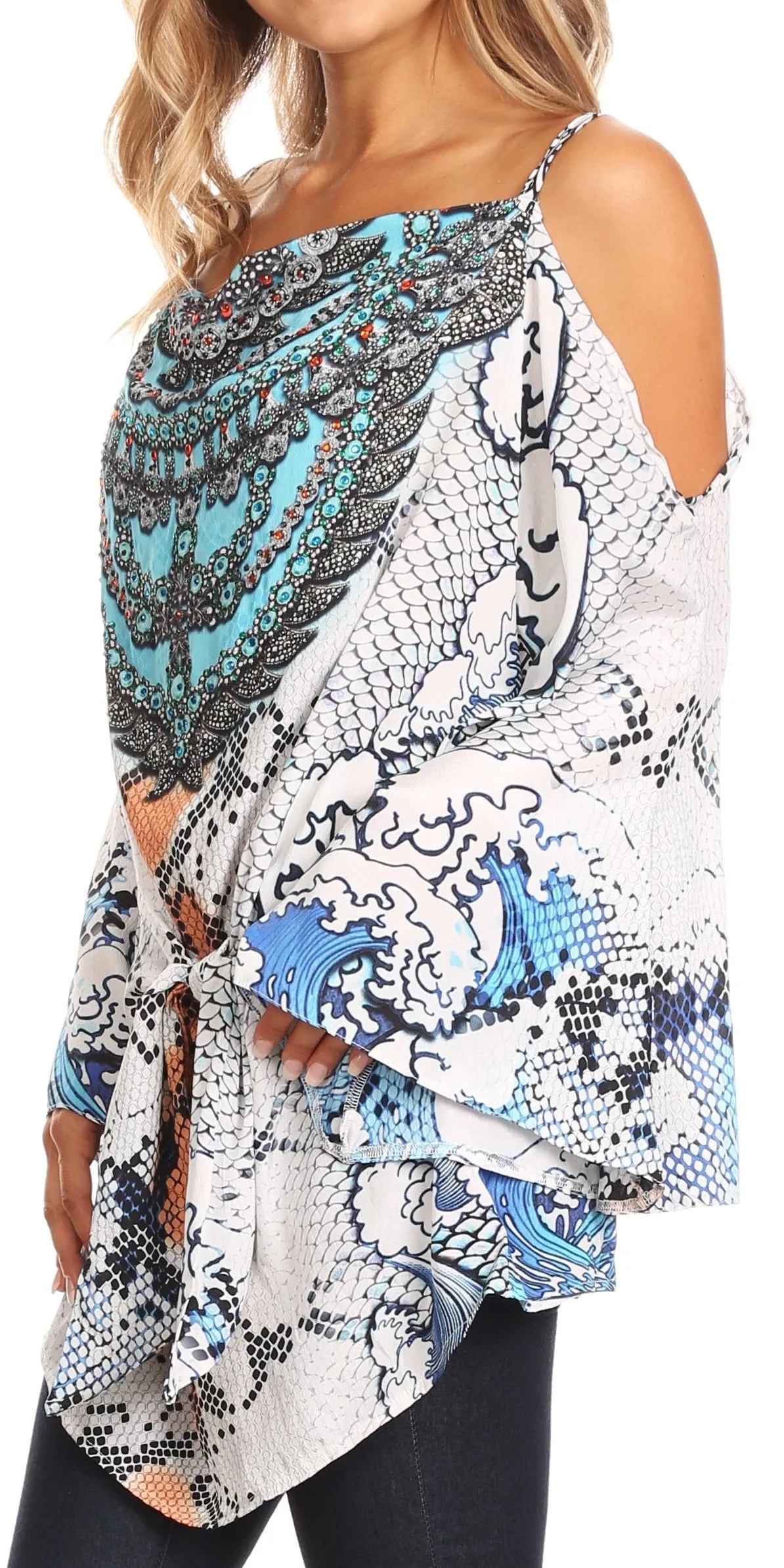 Sakkas Bosede Off Shoulder Bell Sleeve Casual Top Blouse w/Print and Rhimestones