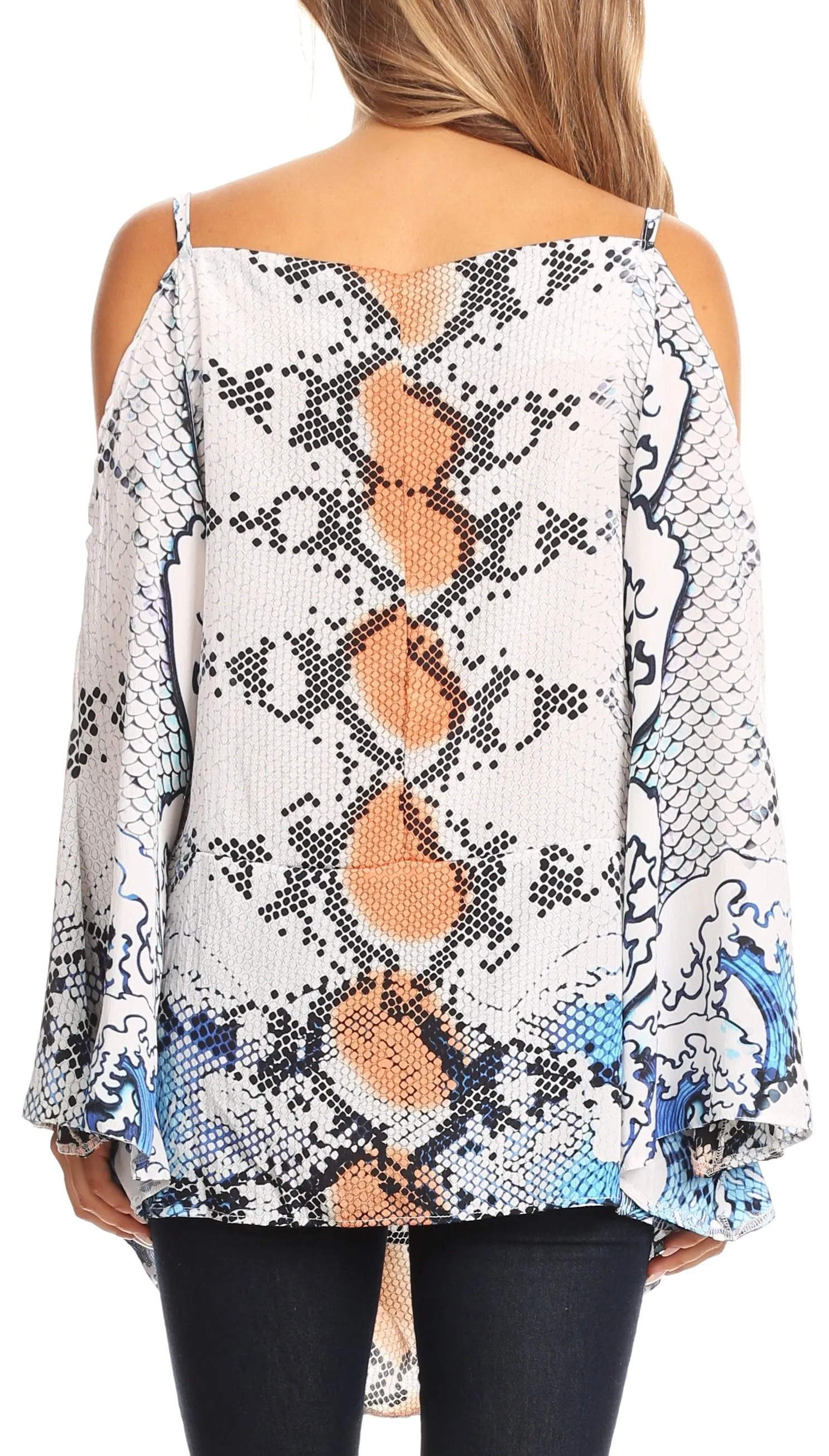 Sakkas Bosede Off Shoulder Bell Sleeve Casual Top Blouse w/Print and Rhimestones