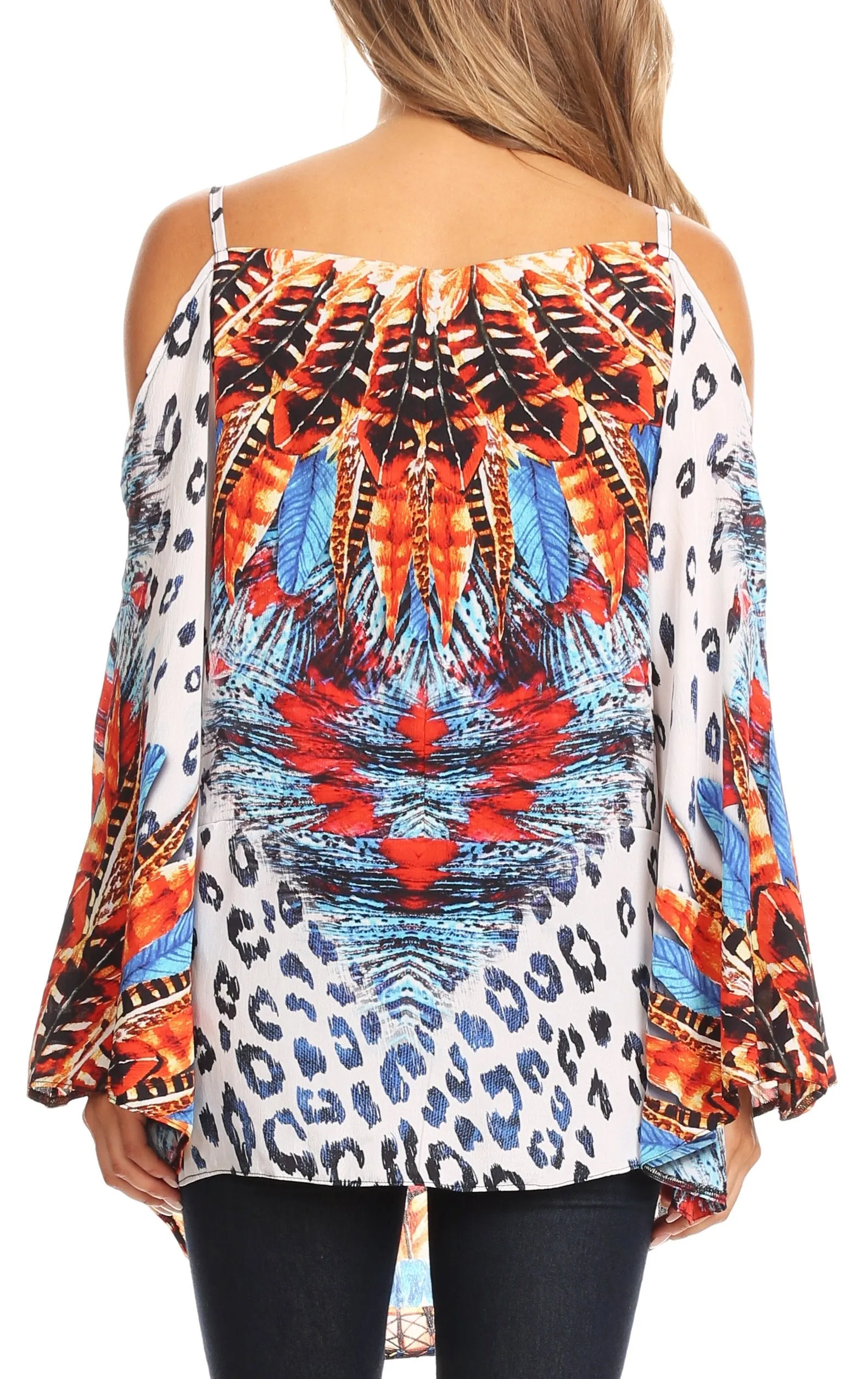 Sakkas Bosede Off Shoulder Bell Sleeve Casual Top Blouse w/Print and Rhimestones