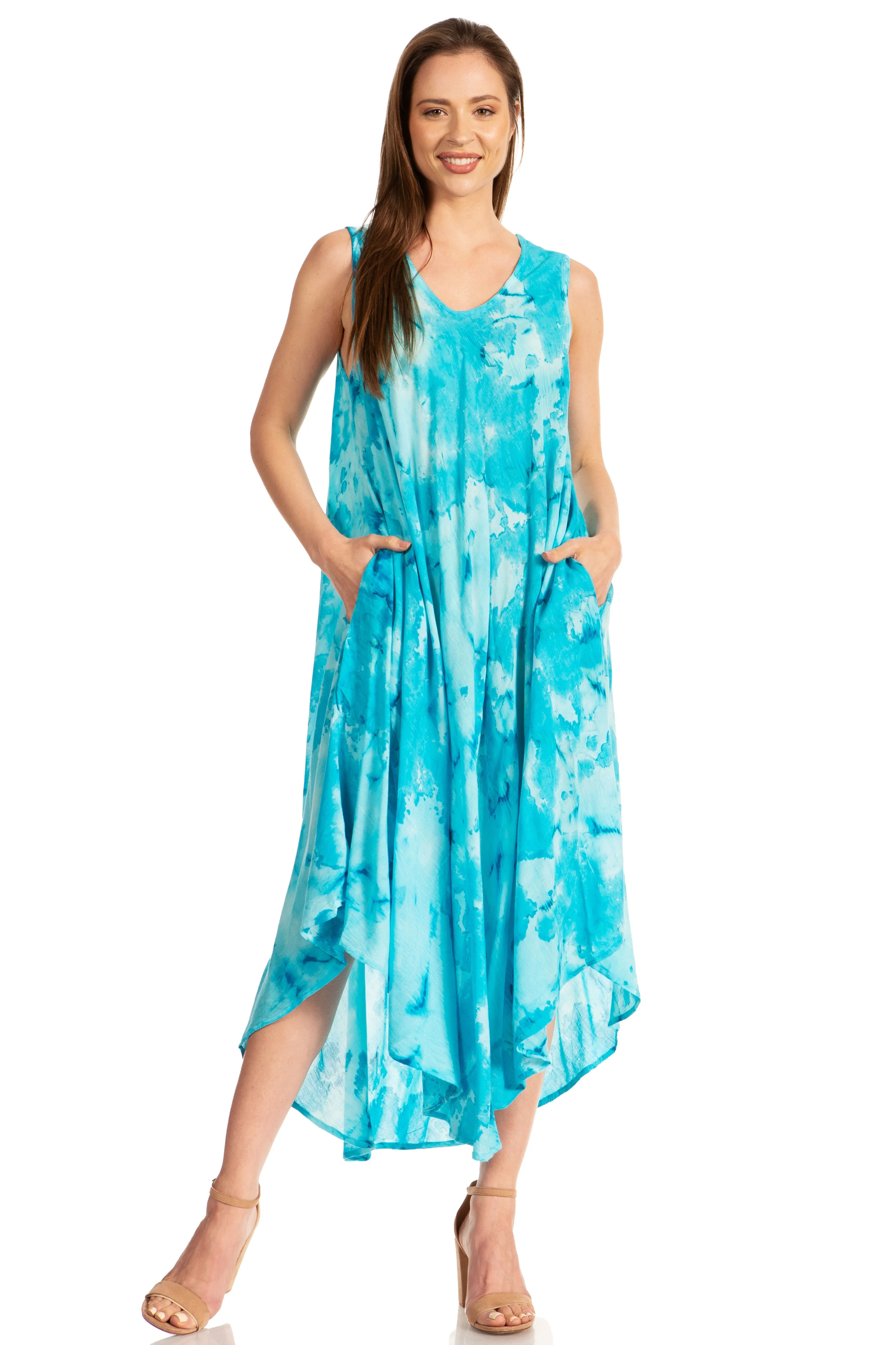 Sakkas Laeila Tie Dye Washed Tall Long Sleeveless Tank Top Caftan Dress / Cover Up