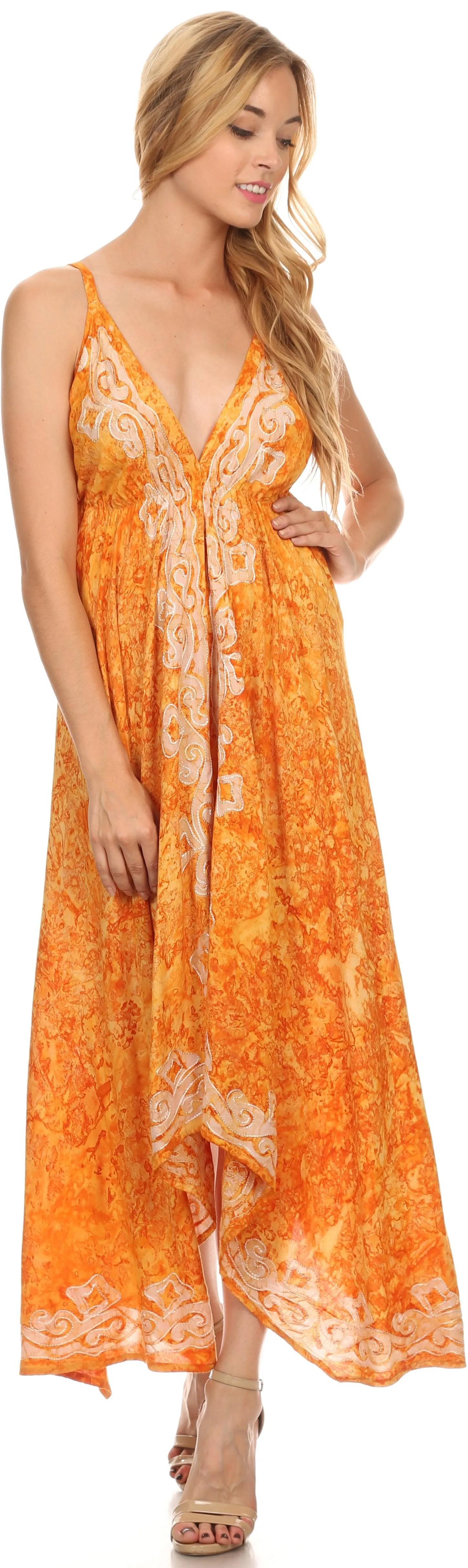 Sakkas Neyva Long Handkerchief Hem Embroidered Dyed Spaghetti Strap Batik Dress