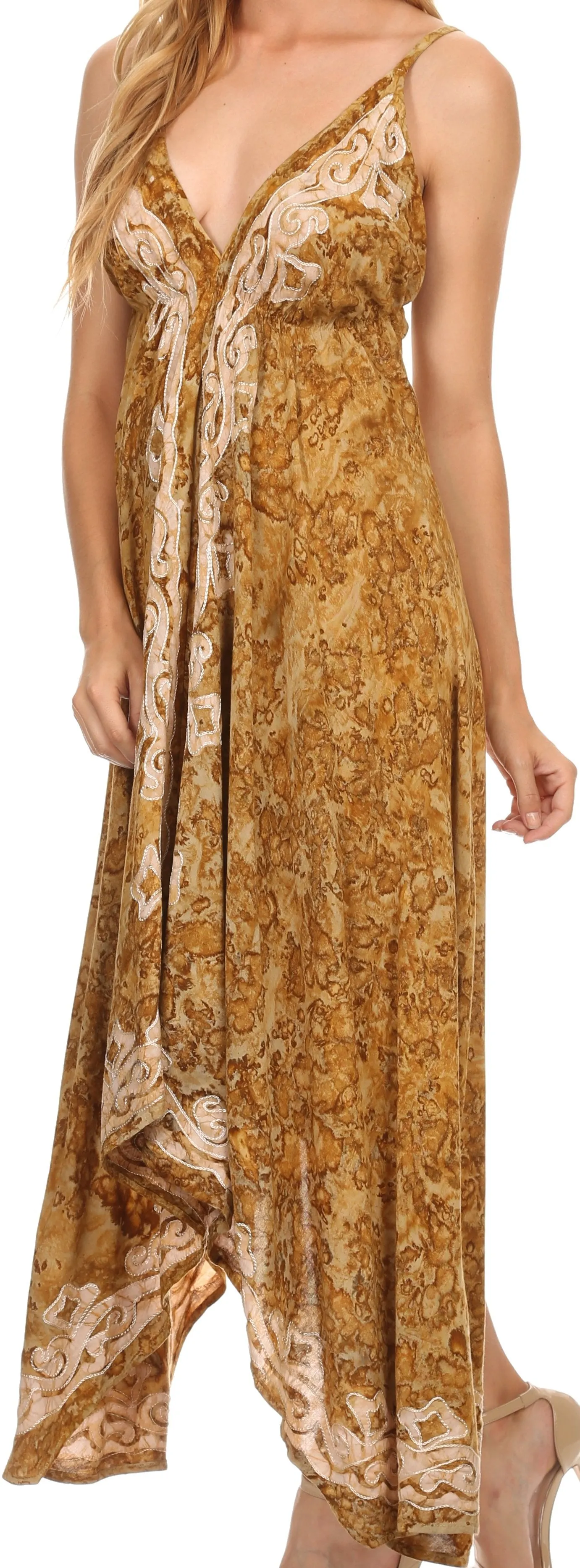 Sakkas Neyva Long Handkerchief Hem Embroidered Dyed Spaghetti Strap Batik Dress