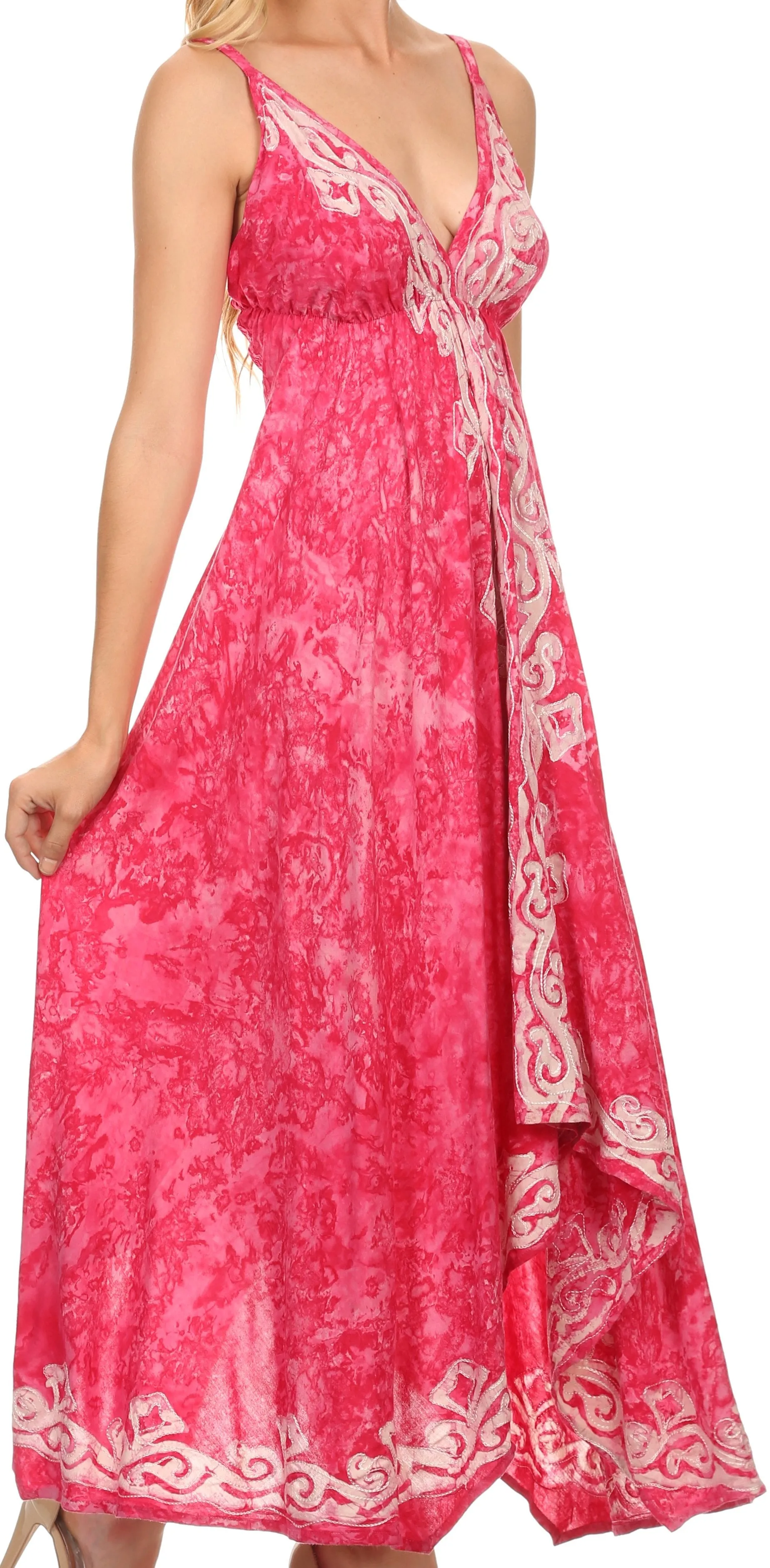 Sakkas Neyva Long Handkerchief Hem Embroidered Dyed Spaghetti Strap Batik Dress