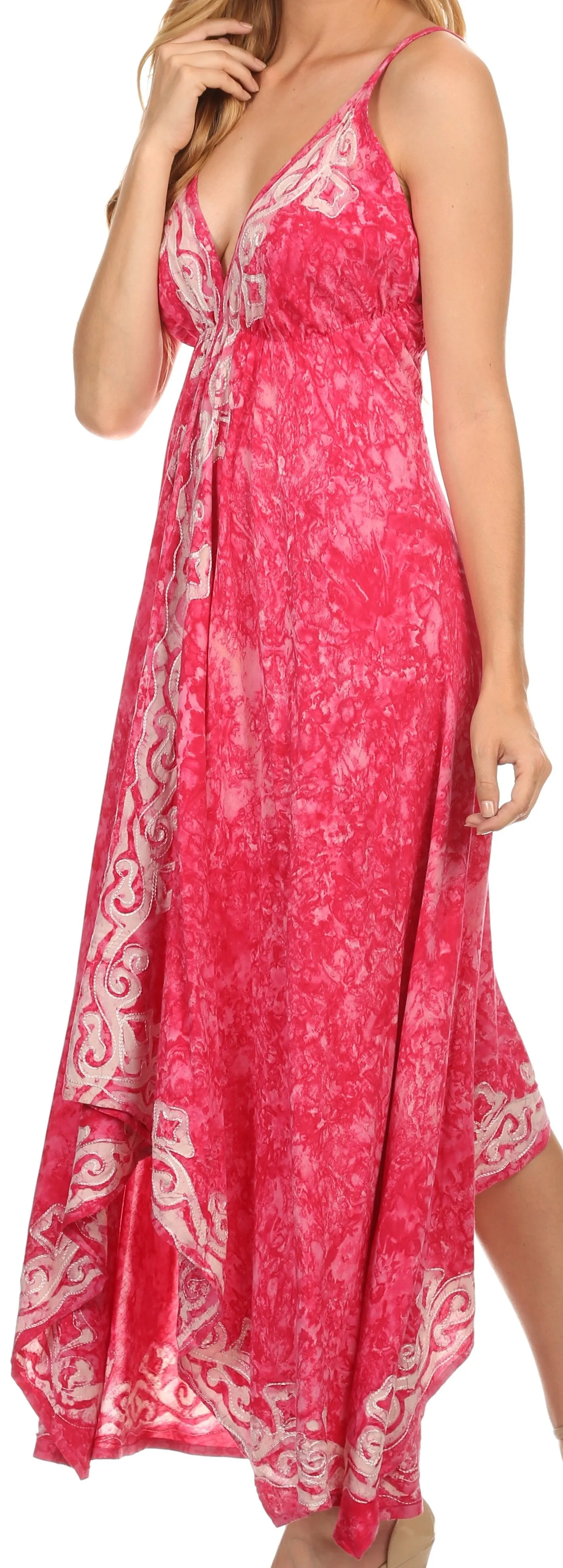 Sakkas Neyva Long Handkerchief Hem Embroidered Dyed Spaghetti Strap Batik Dress