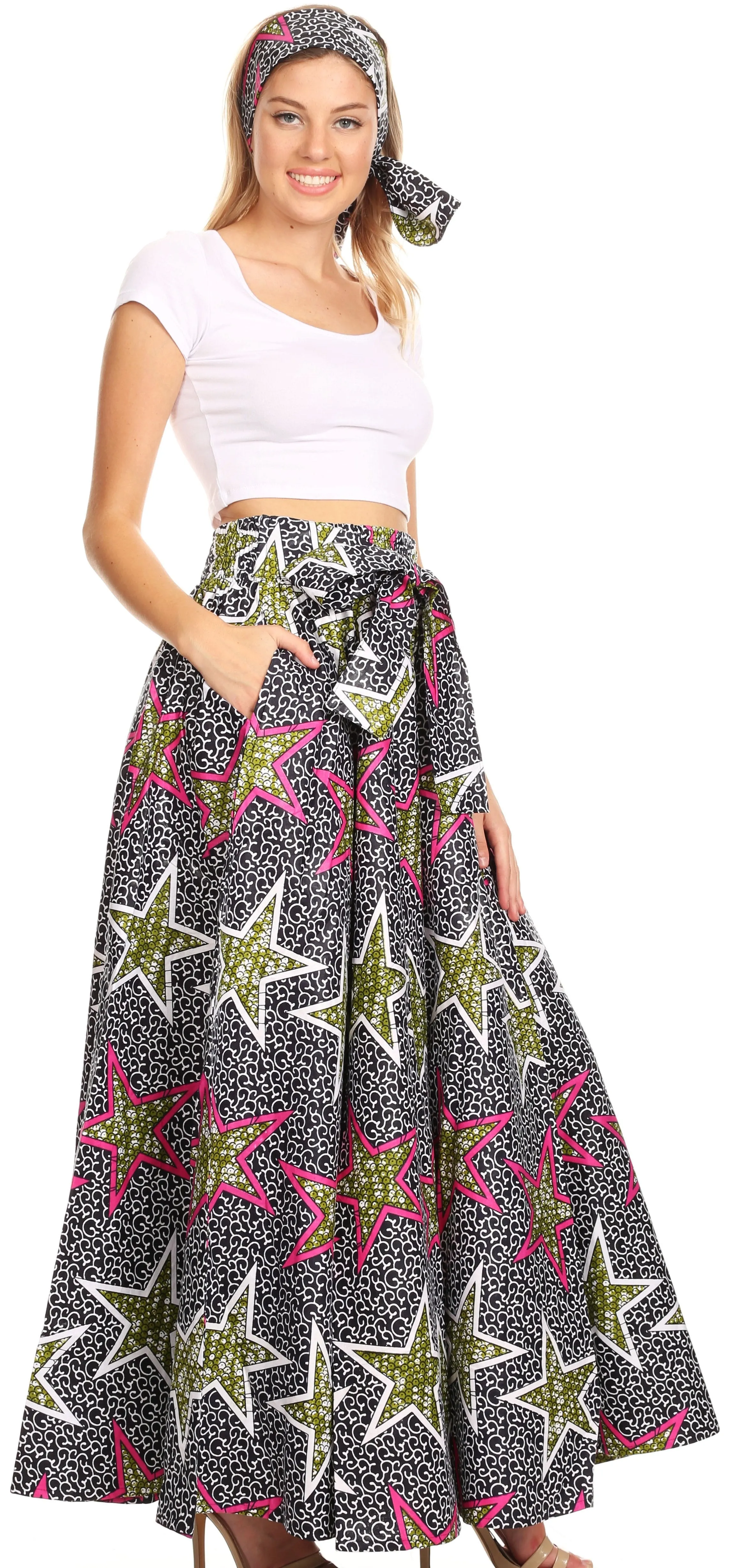 Sakkas Sora Women's Wide Leg Loose African Ankara Print Pants Casual Elastic Waist