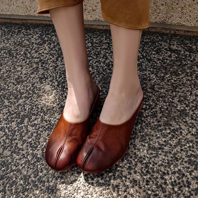 Split Toe Leather Mules Summer Slippers Handmade in Black/Brown